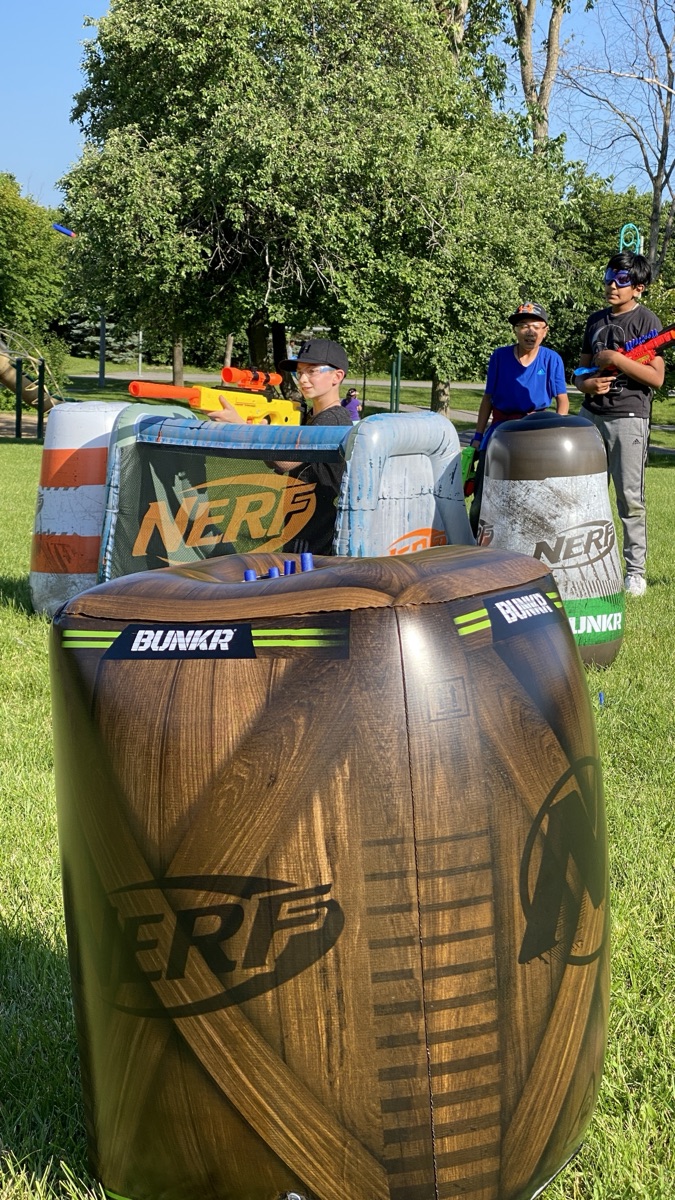 Professional inflatable barricades arranged in a park